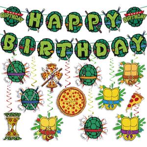 Birthday Decorations Set Include Banner and Hanging Swirls Green Happy Birthday Banner, Pizza and Turtle Pattern Double-sided Cutouts with Hanging Swirls Indoor Outdoor