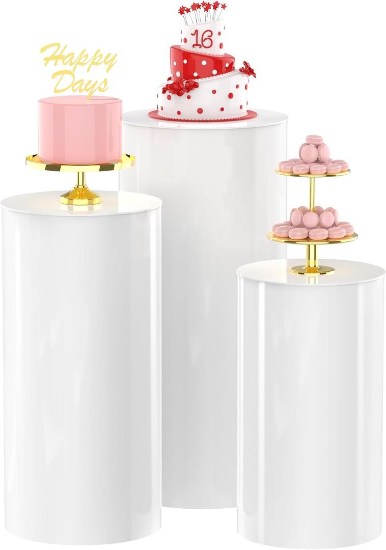 Wokceer Cylinder Pedestal Stands for Party White 3Pcs Large Round Cylinder Tables for Parties Pedestal Display Plinth Pillars for Wedding Birthday Party Art Decor 15.7*35.4"(L)