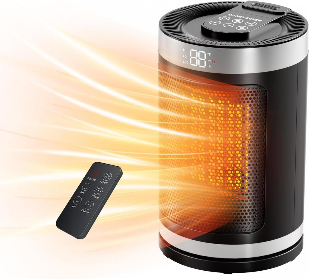 Small Space Heater, Portable Electric Heater with Temperature Sensor for Indoor Use, Digital Display, 1-12H Timer, Eco and Fan Mode,1500W PTC Ceramic Fast Safety Heat for Office,Bedroom, Tiny Home (9.82 inch)