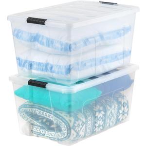 IRIS USA 94 Qt Stackable Plastic Storage Bins with Lids, 2 Pack - BPA-Free, Made in USA - See-Through Organizing Solution, Latches, Durable Nestable Containers, Secure Pull Handle - Clear