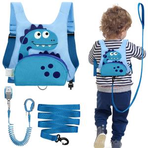 Dr.meter 3 in 1 Toddler Harness Leash + 8.2ft Anti Lost Wrist Link, Cute Dinosaur Kids Safety Harness with Key Lock, Child Walking Harness Assistant Strap for Outdoor Activity Travel, Blue