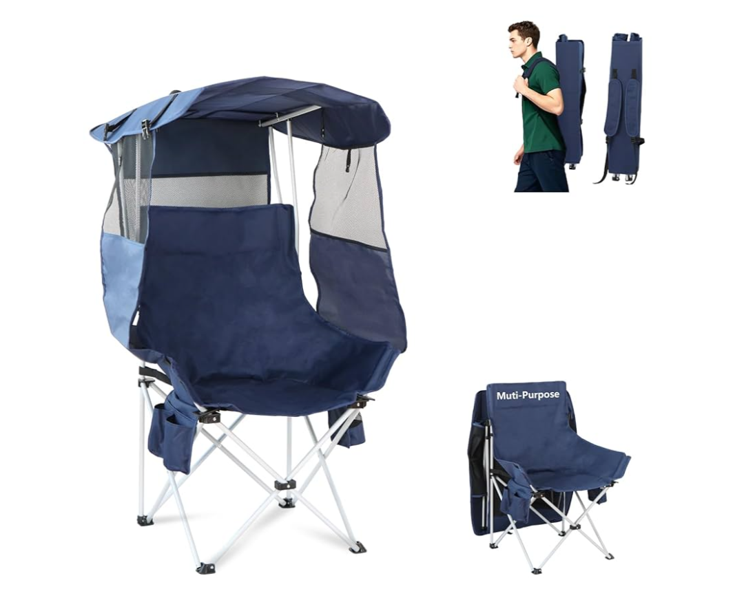 Folding Camping Chairs Canopy Outdoor: Sports Portable Beach Chair with Canopy-Lawn Beach Chairs with Umbrella for Adults-Camping Chair with Shade for Fishing Camp Heavy Duty, Regular, Navy Blue
