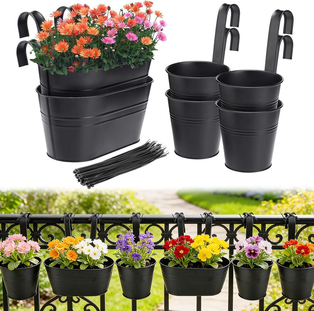 MADHOLLY 6Pcs Railing Planter with Drainage - 10.8" & 5.1" Bucket Pots for Balcony Railing, Metal Iron Hanging Flower Pots for Herb Planter Outdoor Deck & Rail Decor with Hook, Black