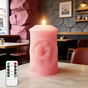 Valentine's Day Pink Real Wax Flameless LED Candle  Remote Control Timer and Flickering Light, Couple Embossed Design, Creates a Warm and Romantic Home Decor (Battery Operated)