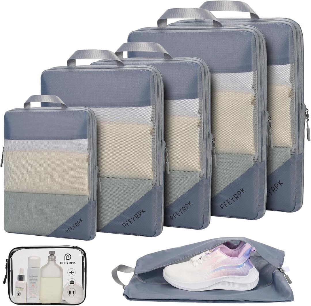 Lightweight Compression Packing Cubes for Suitcases, Compressible Expandable Travel Packing Organizer with Clear Toiletries and Backpack Bag, Travel Essentials for Carry on Luggage 7 Set (Mesh/Gray)