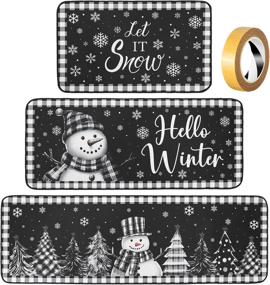 Fourluoo Sets of 3 Winter Snowman Kitchen Rugs and Mats Non Slip Washable Black White Snowman Door Mats for Floor Home Bathroom Cabin Winter Decor, 3 Sizes