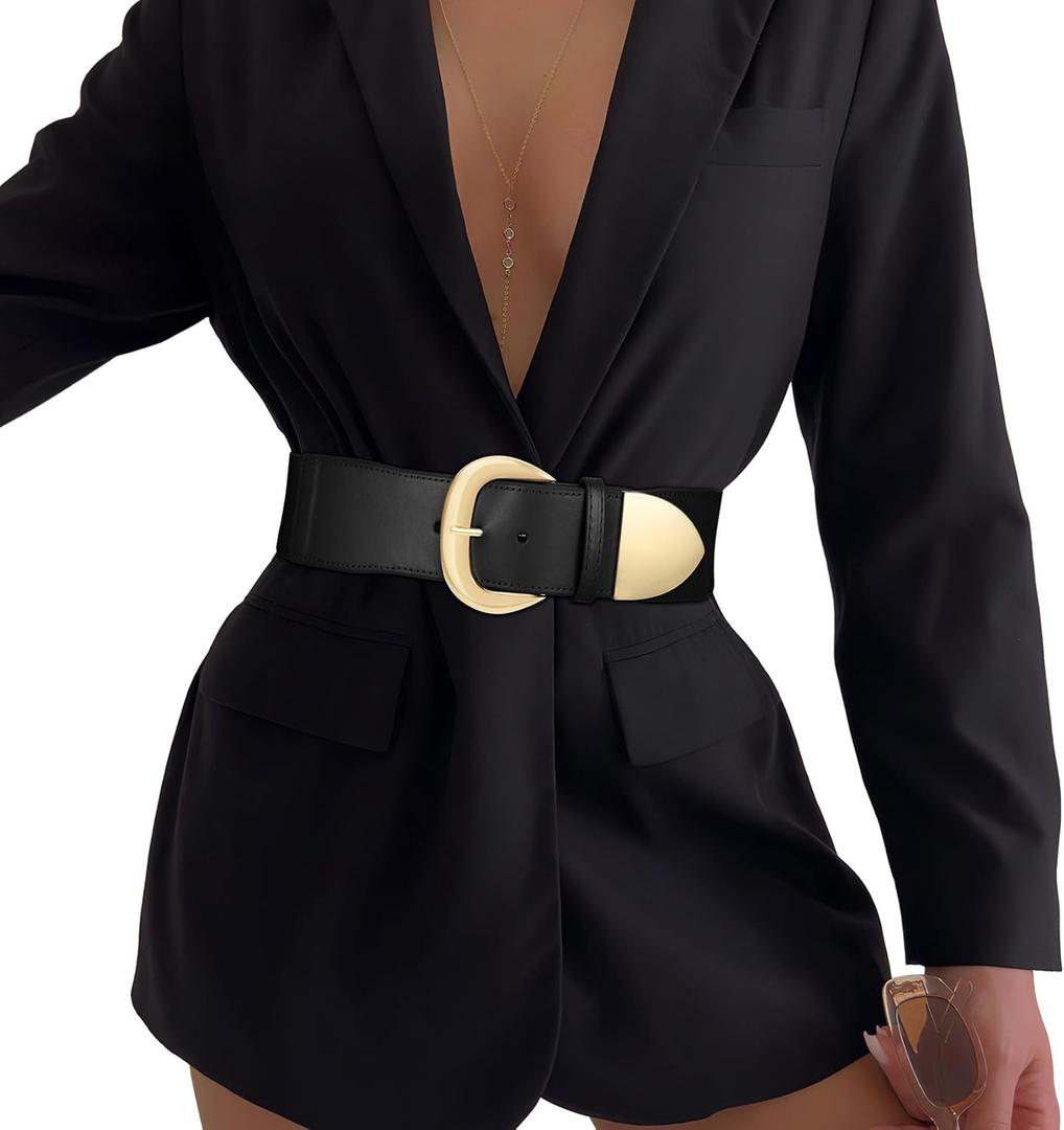 Women Wide Elastic Waist Belt for Dresses Fashion Thick Stretchy Belt for Trendy (Fit waist size 33"-38", Black(gold))