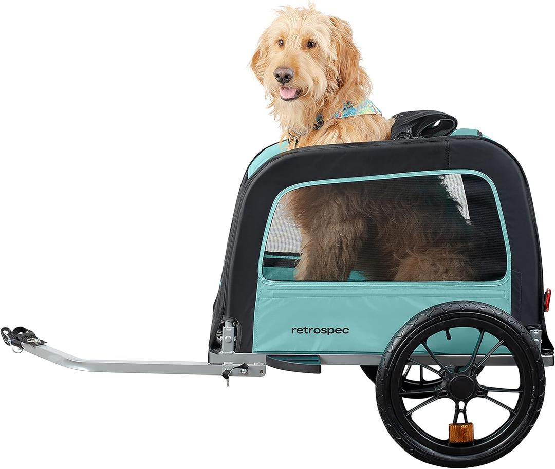 Retrospec Rover Waggin' Pet and Dog Bike Trailer with Weather-Resistant Canopy & Mesh Shield - Foldable Frame, 16in Wheels with Storage Pouch & Internal Safety Leash Supports up to 50 lbs (Blue Ridge)