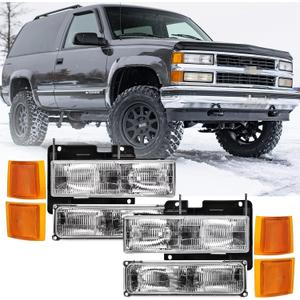 8PCS Headlights Assembly OE Style For 1994-1999 Chevy C/K Series C1500 C2500 C3500 K1500 K2500 K3500 Tahoe/Suburban/Silverado Replacement Headlamp W/Amber Corner and Bumper Light (1994-1999 OE Style Chrome+Amber)