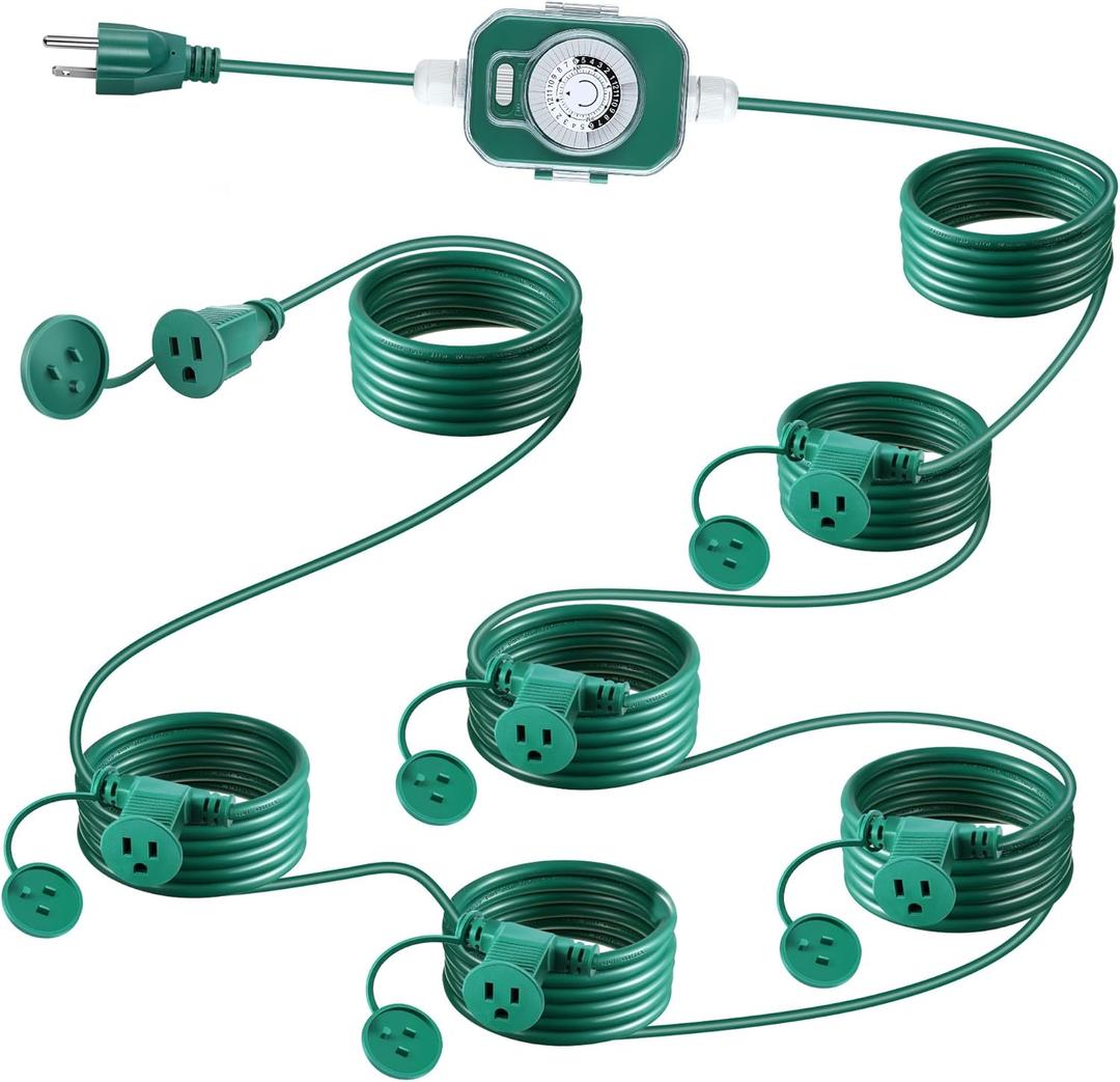 Feekoon Outdoor Extension Cord with Outlet Timer, Evenly Spaced 6 Outlets Plugs, Christmas Waterproof Green Extension Cord with Multiple sockets for Outside Holiday Xmas Lights(30 Ft)