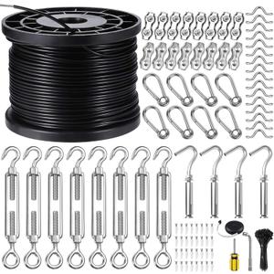 BLIKA String Light Hanging Kits, 500FT Coated Stainless Steel 304 Wire Rope, Outdoor Light Guide Wire, Globe String Light Suspension Kit Included Turnbuckles, Enough Accessories, Use Manual