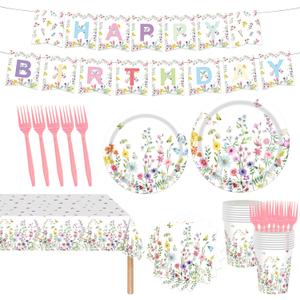 82PCS Spring Floral Party Supplies: Pink & White Floral Dinnerware Set with 16pcs Plates, Napkins, Cups & Forks, 'HAPPY BIRTHDAY' Banner, Tablecloth for Birthday Parties