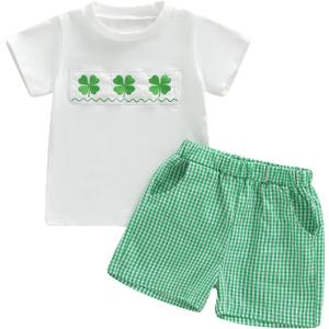 Toddler Baby Boy St Patrick's Day Outfit Clover Embroidery Short Sleeve T Shirt and Plaid Shorts 2 Piece Clothes Set