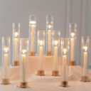 NUPTIO Hurricane Candle Holder for Centerpiece: Set of 10 Metal Taper Candle Holders with Ribbed Glass Cylinders - Gold Candlestick Holders Bulk for Outdoor Party Dinner Wedding Table Decoration