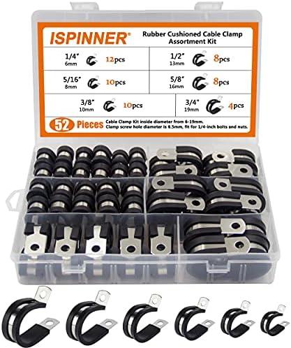 ISPINNER 52pcs Cable Clamps Assortment Kit, 304 Stainless Steel Rubber Cushion Pipe Clamps in 6 Sizes 1/4" 5/16" 3/8" 1/2" 5/8" 3/4"