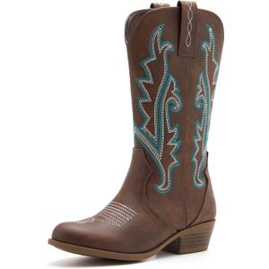 Girls Kids Western Boots Embroidered Cowgirl Cowboy Boots Girls Mid Calf Riding Shoes Little Kid/Big Kid (3 Little Kid, Brown)