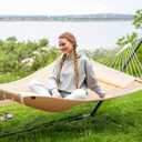 SUNCREAT Hammocks Extra Large Double Hammock with 12 ft Stand, 475lbs Capacity, Outdoor Portable Hammock with Hardwood Spreader Bar, Extra Large Pillow, Beige