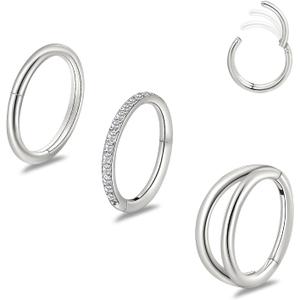 limerencia 3PCS Titanium Earrings Nose Rings, G23 Titanium Small Hoops Septum Clicker Rings, 16G/18G/20G Helix Lip Cartilage Helix Rook Daith Lobe Conch Tragus Piercing for Women Men (Silver-tone)