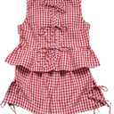 GORGLITTER Women's Gingham 2 Piece Sets Bow Tie Front Tank Top Baggy Shorts Sets Cute Summer Vacation Beach Outfits M