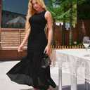 GOKATOSAU Women's Sleeveless Round Neck Full Ruched Bodycon Mesh Ruffle Hem Long Maxi Dress Black (Black, S)