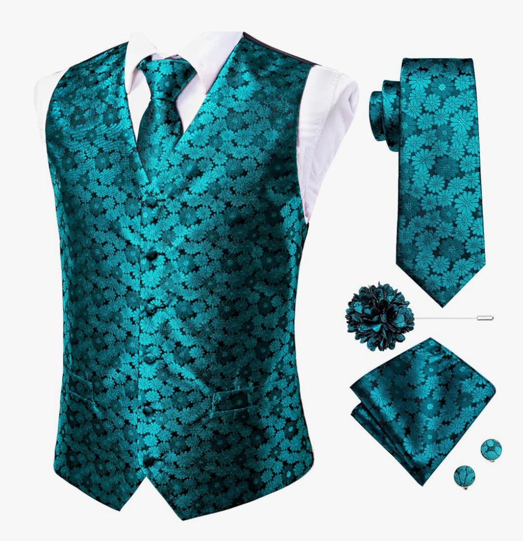 Hi-Tie Mens Silk Suit Vest Jacquard 5PCS Necktie Pocket Square Cufflinks Lapel Pin Formal Wedding Tuxedo
L