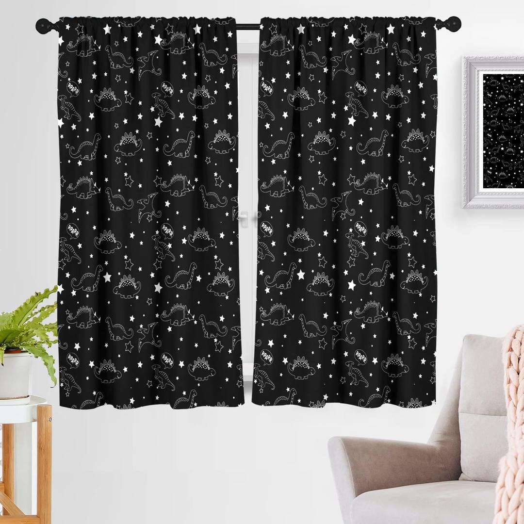 zokyer Kids Boys Window Curtain Dinosaur Stars Black White Galaxy Space Nursery Constellation Celestial Playroom 42" W x 63" L Curtains for Living Room Bedroom Bathroom Set 2 Panels Rod Pocket Drapes