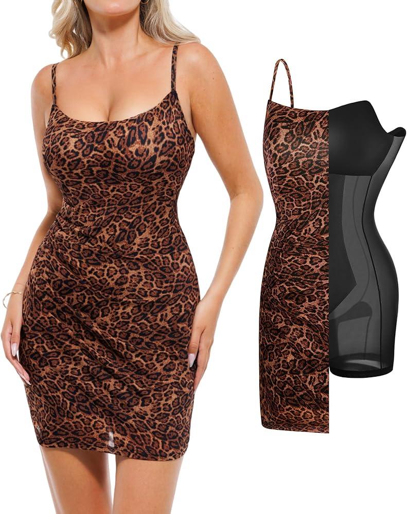 Popilush Leopard Print Dress with Built in Shapewear Spaghetti Strap Mini Dresses Mesh Ruched Bodycon Summer Splash. XL