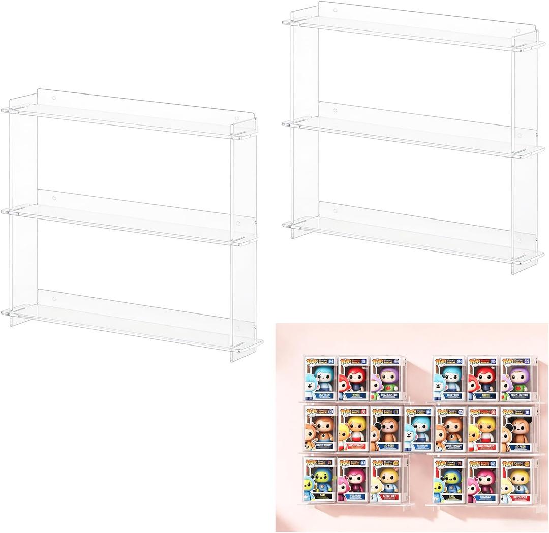 2 Pack Acrylic Display Wall Shelf Compatible with Funko Pop in Box, Easy Install Acrylic Floating Shelves Stackable, Action Figure Stand, Collectibles Display Case