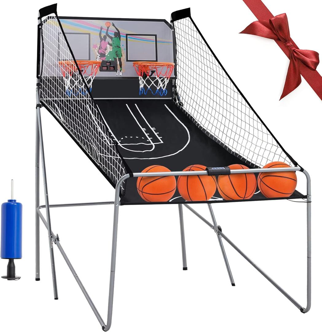 Foldable Electronic Dual Basketball Arcade Game,Double Shot 2 Player, 8 Game Options w/4 Balls LED Scoring System & Indoor Basketball Game for Youth, Adults
