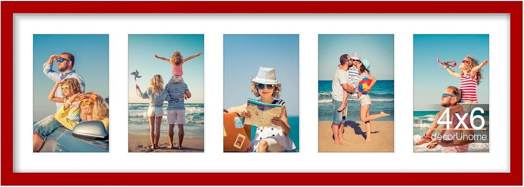 DecorUhome 8x24 Picture Frames Collage Wall Decor, Display 5Pcs 4x6 Photos with Mat or 1Pcs 8x24 Unmatted, 5 4x6 Collage Picture Frames for Wall Mounting, Red
