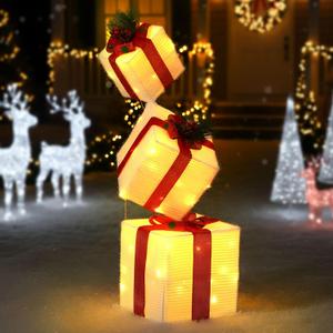 Pinkunn 3D 2.8 ft Lighted Gift Boxes Outdoor Decorations Set of 3, 50 LED Stackable Nesting Gift Boxes Battery Operated for Winter Outdoor Decoration(Red, White,Box Style)