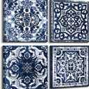 Bedroom Decor Canvas Wall Art Flower Pattern Prints Bathroom Abstract Pictures Modern Navy Framed Wall Decor Artwork for Walls Hang for Bedroom 4 Pieces Wall Decoration Size 14x14 Each Panel, 14144 Inches