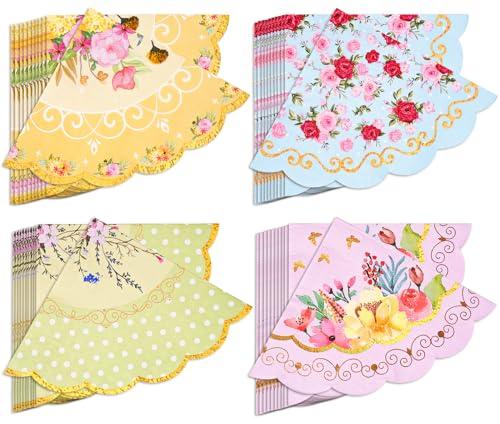 Floral Tea Party Napkins, 100 pcs Scalloped Guest Paper Napkins for Wedding Bridal Shower Baby Shower Tea Party Decorations
