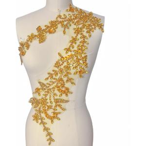 Lace Appliques Patches Glass Acrylic Rhinestoens Sewing for Wedding Dress Sew on Clothing Prom Costumes Gown Designer DIY Front Bodice Decorations (Golden Color)