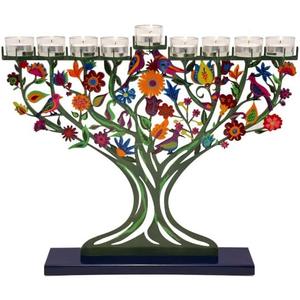 Yair Emanuel Tree of Life Large Hanukkah Menorah for Tea Light Candles - 19.7" - Laser Cut Metal with Hand-Painted Birds and Flowers Judaica Gift