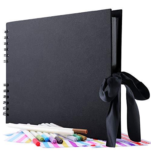 GOTIDEAL 80 Pages Scrapbook Album with 10 Metallic Markers, Craft Paper Photo Album for Wedding and Anniversary, Family DIY Scrapbook Accessories with Scrapbooking Stickers Corners- Black