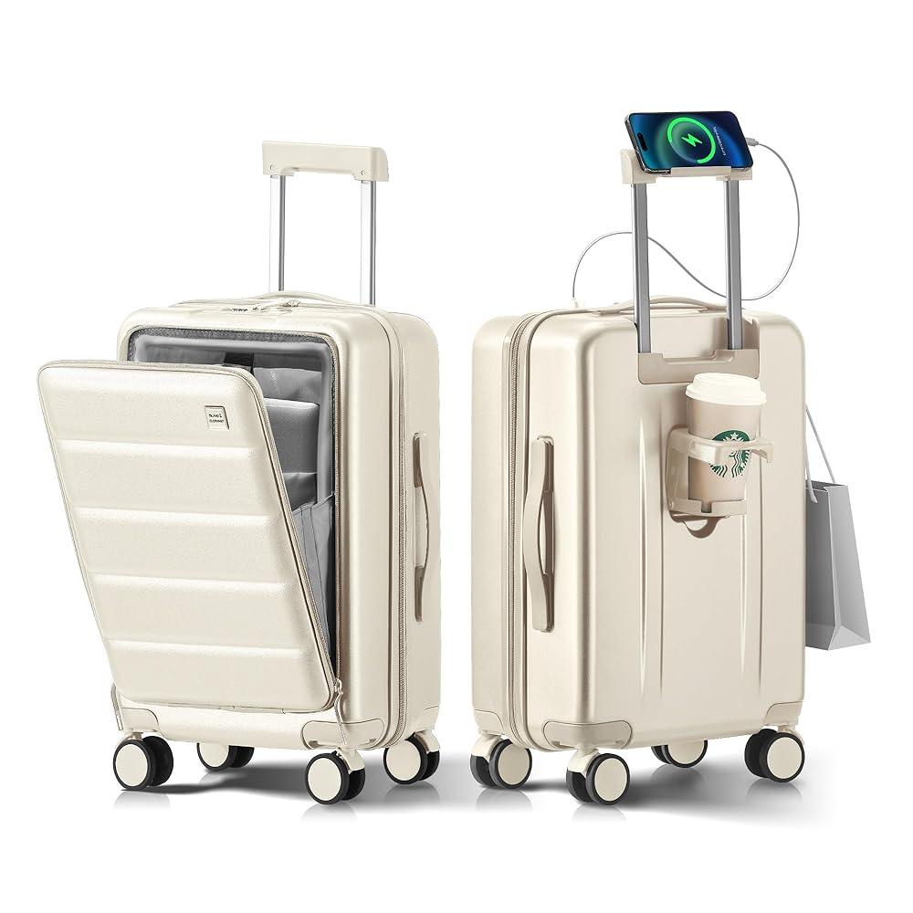 ISLAND ELEPHANT Carry On Luggage 22x14x9 Airline Approved  Expandable Front Pocket Hardside Travel Suitcase Unbreakable with Cup Holder,USB Charge,Side Pothook, 360°Spinner Wheels, TSA Lock, White