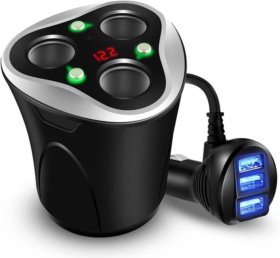 Skyocean Adaptador de corriente divisor de encendedor de cigarrillos de 3 enchufes + 3 cargadores USB para automvil de 120 W, 12 V/24 V CC con medidor de voltios, interruptor de encendido/apagado (Negro+Negro)