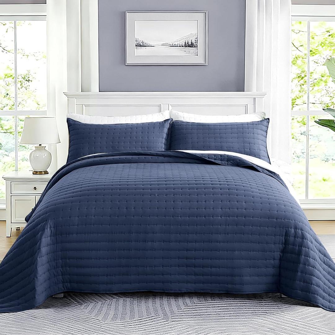 Navy Blue Quilt Queen Size Bedspread Lightweight Coverlet Queen Quilt Sets with Shams Bed Spread Queen Sized Cross-Stitch Quilted Bedspread for All Seasons, 89"x96"