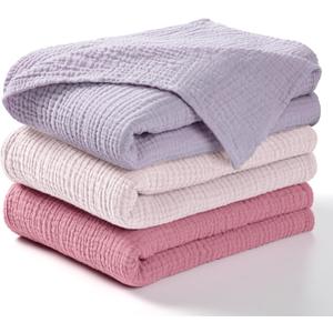 lulumoon Muslin Swaddle Blanket Baby - Cotton Swaddling Blanket Soft Baby Receiving Blankets Neutral 3Pack(Pink+Purple)