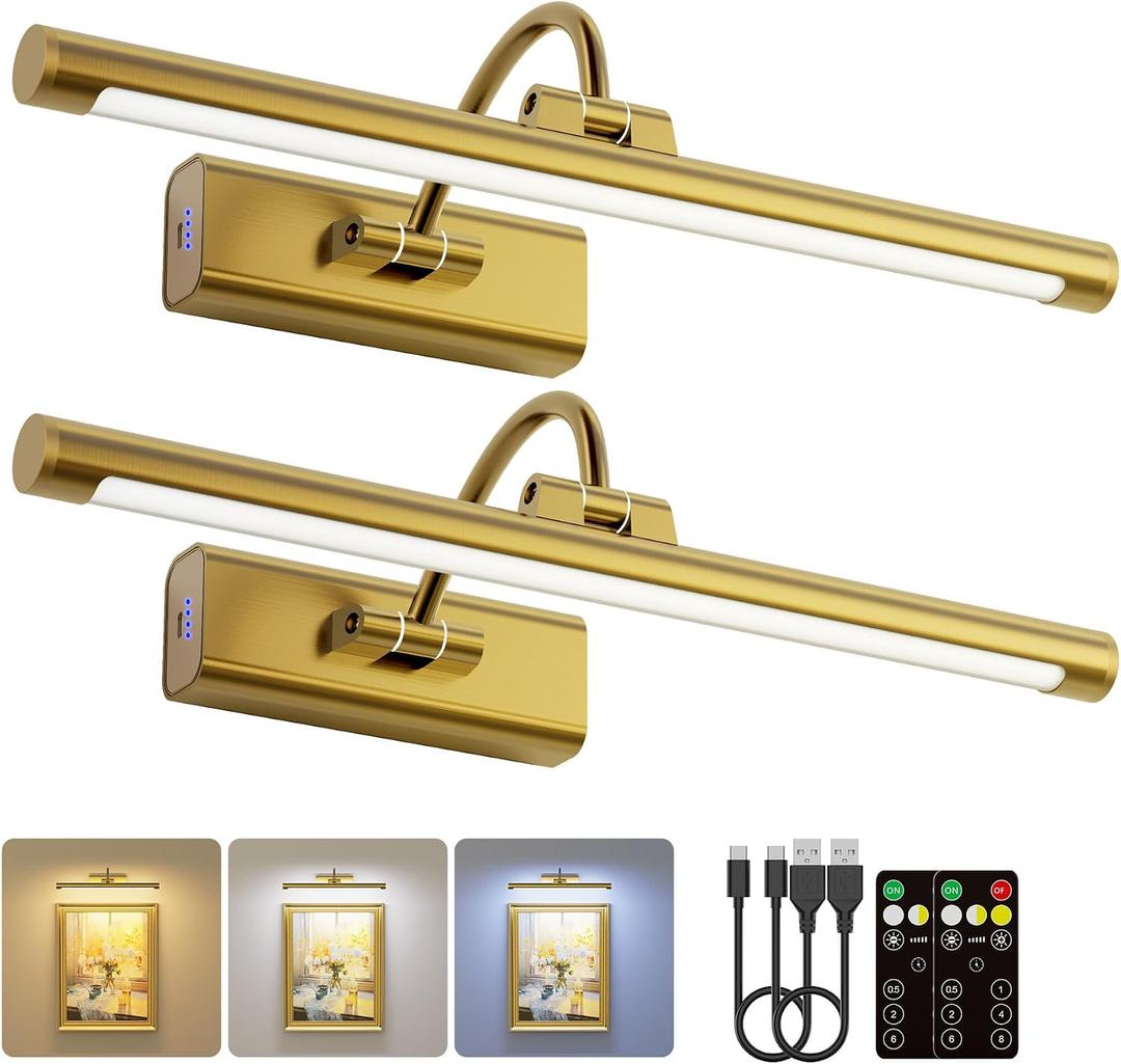 2 Pack 16" Brass Picture Art Lights - 6000mAh Rechargeable Battery Powered Wireless Lighting for Home Gallery, Office, Living & Bedroom