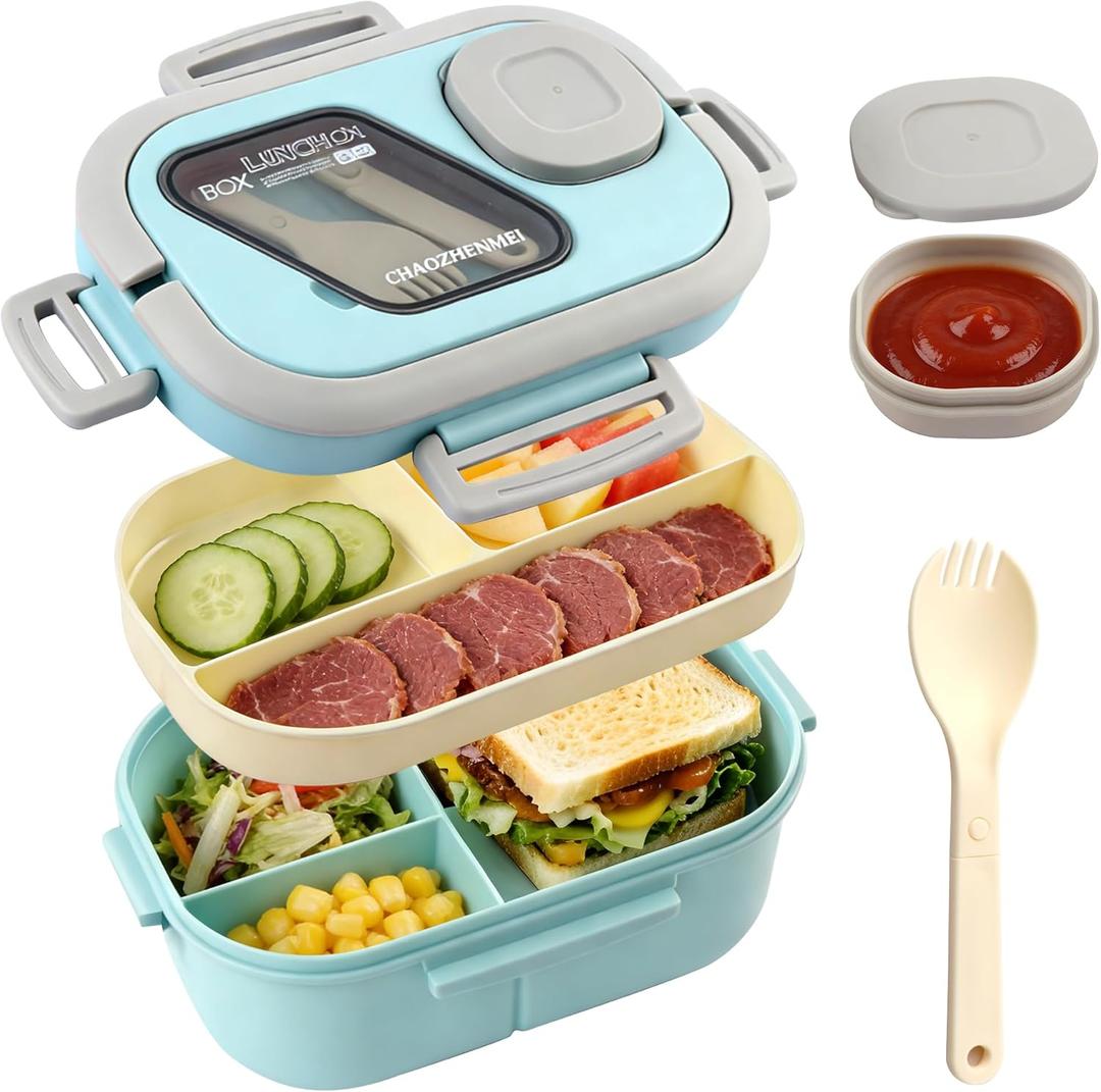 Adults Bento Lunch Box,Salad Container Large 43oz Salad Bowl, Bento-Style Tray for Toppings, 3oz Sauce Container for Dressings, and Built-In Reusable Fork (Blue)