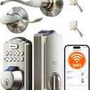Veise VE012W-B Wi-Fi Fingerprint Smart Lock with Handle Set, Remote App Control, Keyless Entry Front Door Lever, Built-in WiFi No Hub Needed, Backlit Keypad Deadbolt, Auto-Locking, Satin Nickel