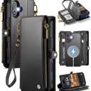 Defencase for iPhone 16 Magnetic Wallet Case Compatible with Magsafe with RFID Blocking Zipper Pocket & Card Holder for Women Men PU Leather Strap Detachable Case for iPhone 16 (6.1 inch), Black