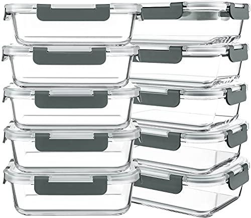 KOMUEE 10 Packs 30 oz Glass Meal Prep Containers,Glass Food Storage Containers with Lids,Airtight Lunch Bento Boxes,Microwave,Freezer and Dishwasher,Gray