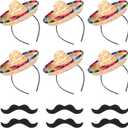 Pasimy 12 Pcs Cinco De Mayo Fiesta Sombrero Headband Hat Fake Mustache Mexican Party Favors Costume Luau Event Photo Props