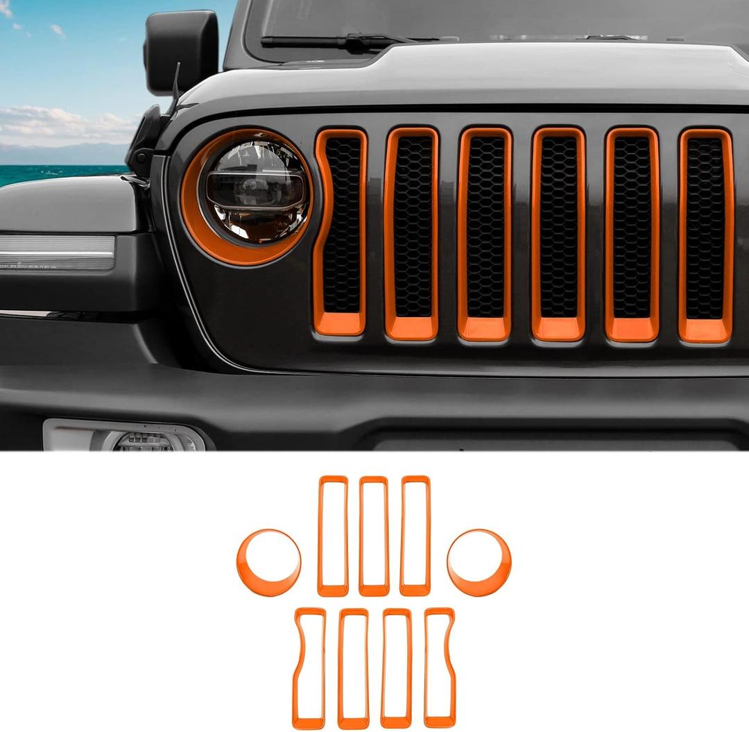 SQQP Grille Grill Insert+ Headlight Turn Light Cover Compatible with 20182023 Jeep Wrangler JL JLU Sport/Sport S Only, Not for Sahara, Rubicon 4xe(Orange)