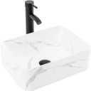Bathroom Vessel Sink Combo with Faucet and Pop-up Drain, 16" x 12" Rectangular Porcelain Ceramic Basin with White Marble Pattern, Above Counter Sink for Vanity