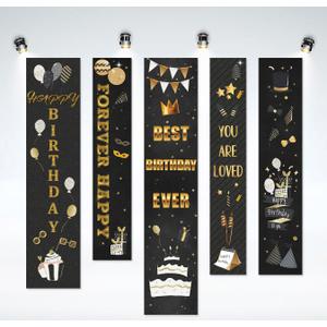 "Black Gold Happy Birthday Party Decorations - Hanging Banner Set, Birthday Banner for Women Men Boy Girls, Bday Party Sign"
