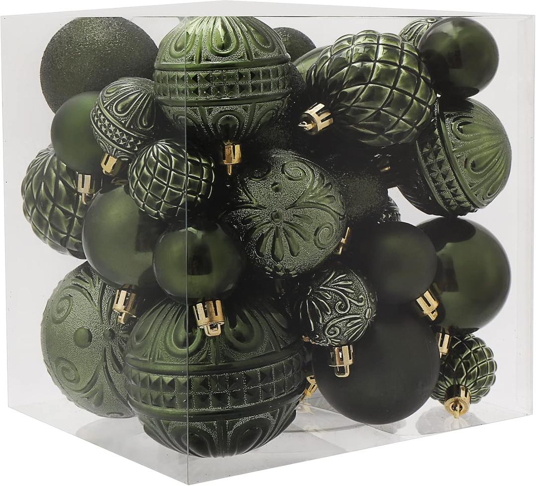 Christmas Ball Ornaments Dark Green Christmas Tree Decorations with Hang Rope-36pcs Shatterproof Christmas Ornaments Set with 6 Styles in 3 Sizes(Small Medium Large)